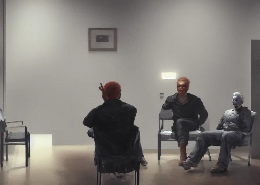 Image similar to dynamic portrait painting of Michael Myers sitting in the waiting room of an optometrist amongst other normal patients, sharp focus, face focused, trending on ArtStation, masterpiece, by Greg Rutkowski, by Ross Tran, by Fenghua Zhong, octane, soft render, oil on canvas, moody lighting, high contrast, cinematic, professional environmental concept art