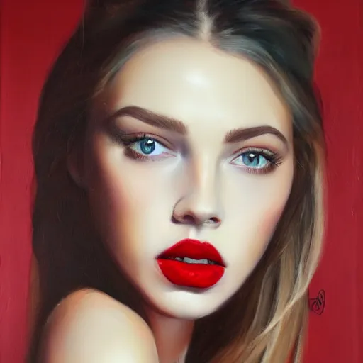 Image similar to hyperrealism oil painting, fashion model portrait, red lip stains, roses