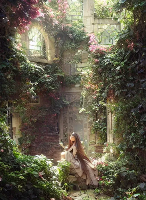 Image similar to secret garden, realistic, ornamental, art by Artgerm and Greg Rutkowski and WLOP