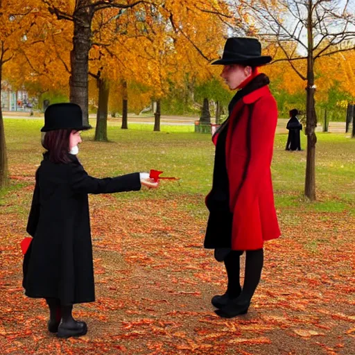 Image similar to A thin man in a black coat and bowler hat talks with small young girl dressed in a red coat and a red hat, park, autumn, Berlin, oil painting style, wide angle, high detail, width 768
