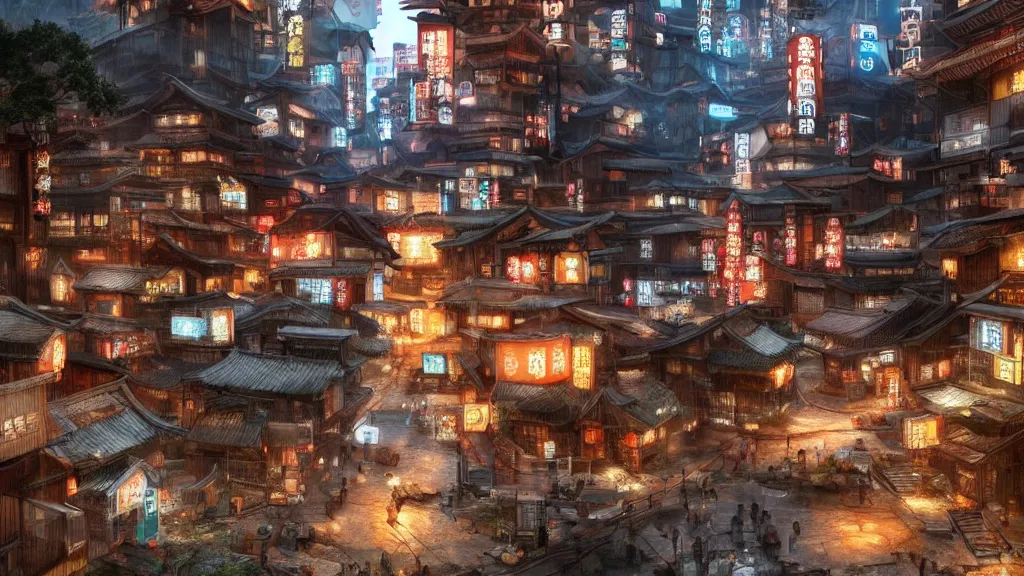 Prompt: small, quaint, cosy oriental ancient japanese village in cyberpunk style, fantastical epic, hyperrealistic, highly detailed, 4 k hd