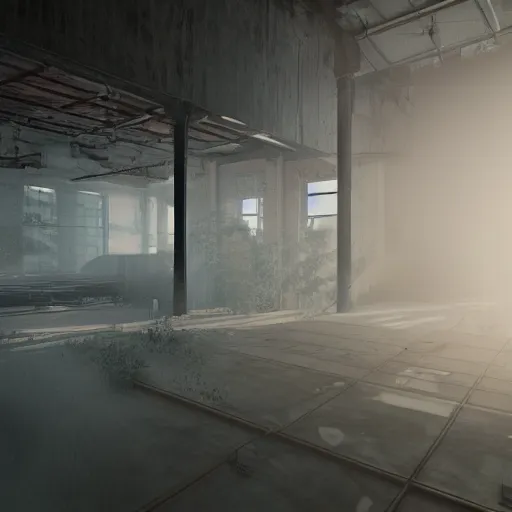 Prompt: abandoned industrial factory interior, volumetric light scattering, light filtering, dustlight, god rays, dust, digital art, trending on artstation