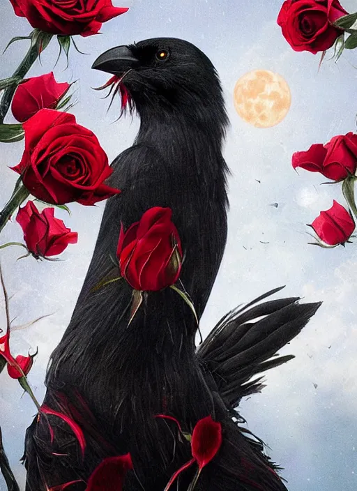 Image similar to portrait, A crow with red eyes in front of the full big moon, book cover, red roses, red white black colors, establishing shot, extremly high detail, photo-realistic, cinematic lighting, by Yoshitaka Amano, Ruan Jia, Kentaro Miura, Artgerm, post processed, concept art, artstation, raphael lacoste, alex ross, portrait, A crow with red eyes in front of the full big moon, book cover, red roses, red white black colors, establishing shot, extremly high detail, foto realistic, cinematic lighting, by Yoshitaka Amano, Ruan Jia, Kentaro Miura, Artgerm, post processed, concept art, artstation, raphael lacoste, alex ross