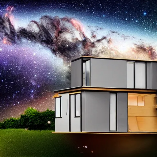 Prompt: a house floating on space galaxy