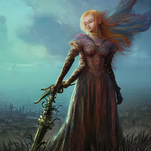 Prompt: Elle Fanning in the painted world of Dark Souls, head and shoulders masterpiece, apocalypse, golden hour, cosmic horror, artstation, in the style of Thomas Kinkade and Lisa Frank and Beksinski, extremely detailed