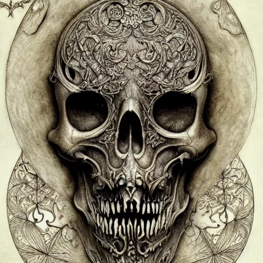 Image similar to memento mori by arthur rackham, art forms of nature by ernst haeckel, photorealistic ultra - detailed octane render, art nouveau, gothic, ornately carved beautiful skull mask dominant, intricately carved ornamental antique bone, art nouveau botanicals, art forms of nature by ernst haeckel, horizontal symmetry, symbolist, visionary