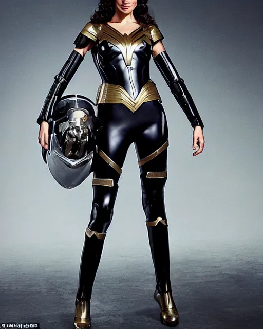 Prompt: Gal Gadot as Colonel Wilma Deering from Buck Rogers in the 25th Century, dressed in a form fitting futuristic nanotechnology enhanced military armor uniform, she is gorgeous with long beautiful hair, but a stern look about her, photographed in the style of Mario Testino, Studio Lighting