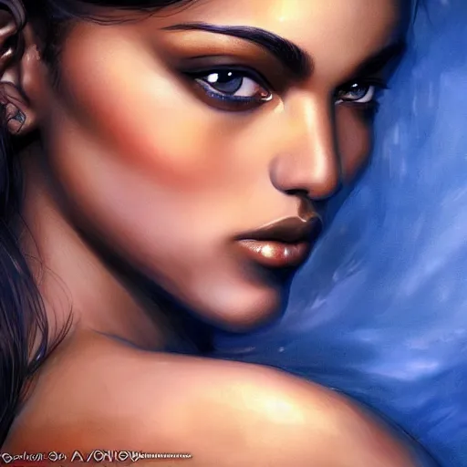 Prompt: closeup of a beautiful brown - skin woman with blue - within - blue eyes of, intricate, elegant, highly detailed, smooth, sharp focus, full body, detailed face, high contrast, art by ardian syaf,