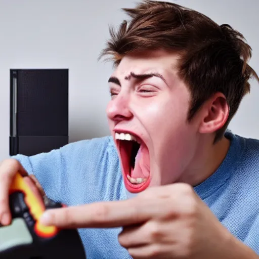 Image similar to 20 year old man screaming at a Playstation.
