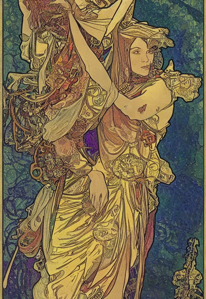 Image similar to Jurgen Schmidhuber on a tarot card, tarot in art style by Alphonse Mucha