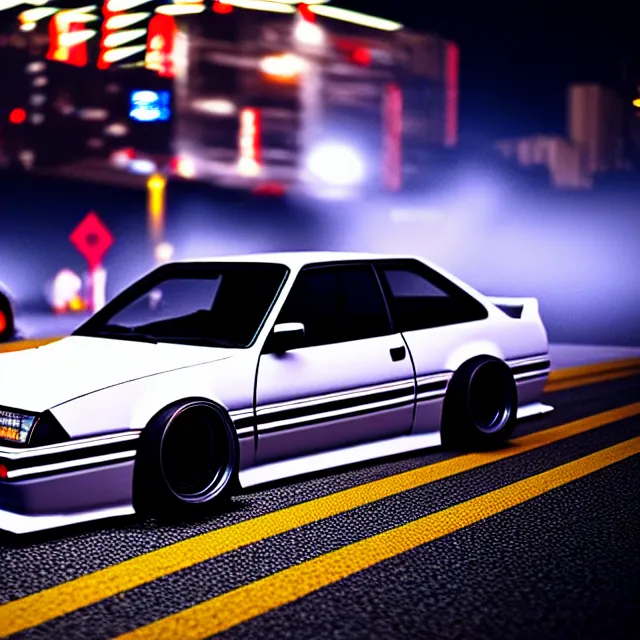 Image similar to a car R31X twin turbo drift at illegal car meet, Kanagawa prefecture, city midnight mist lights, cinematic lighting, photorealistic, highly detailed wheels, high detail