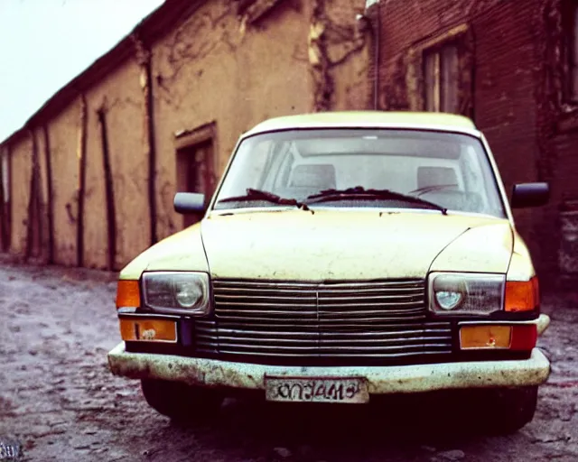 Image similar to a lomographic photo of old lada 2 1 0 7 standing in typical soviet yard in small town, hrushevka on background, cinestill, bokeh