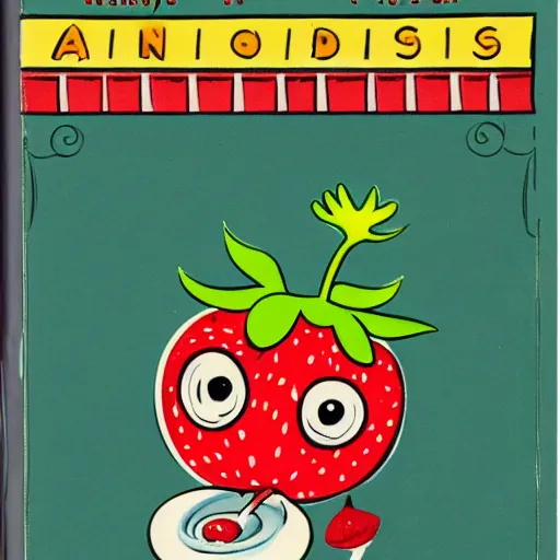 Image similar to a cartoon strawberry with big eyes, arms and legs, drooling, holding a bright yellow tooth brush, in the style of little golden books