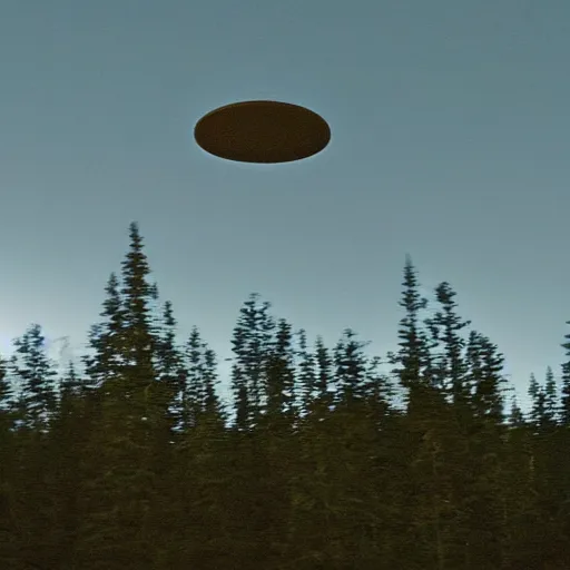 Image similar to grainy photograph of a hamburger-shaped UFO flying above a boreal forest