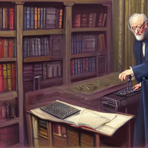 Image similar to Albus Dumbledore fixing the Hogwarts supercomputer, oil painting 4k