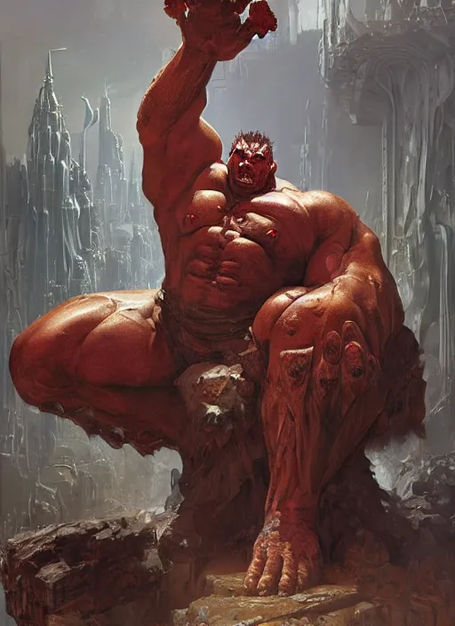 Image similar to huge hulking brute demon king wide shoulders, vascular hands, muscular arms, wearing cape sitting on throne in science fiction hall, by sergey kolesov and lawrence alma tadema and norman rockwell and greg staples and craig mullins and john berkey and ruan jia, artstation creature art