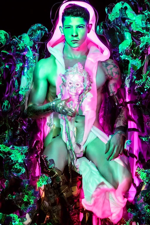 Prompt: photo of fullbody rococo and cyberpunk delicate neon crystalline sculpture of handsome muscular onyx albino marble prince nick jonas as an mint iridescent humanoid deity wearing pink plastic hooded cloak holding an onyx skull in a onyx space dungeon, reclining, glowing yellow face, crown of white diamonds, cinematic lighting, photorealistic, octane render, 8 k, depth of field, 3 d