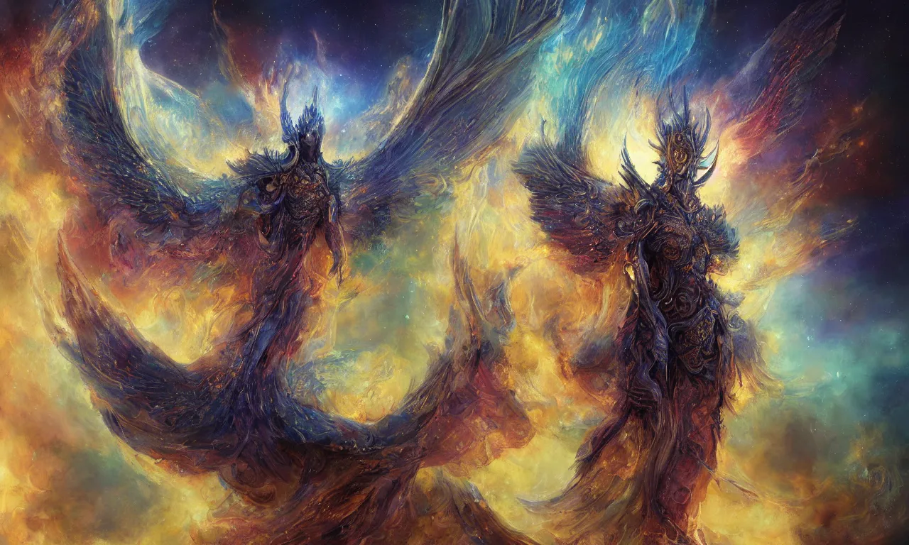 Prompt: breathtaking detailed soft painting of bahamut angel in a nebulae galaxy in flames with intricate ribbons of light, gauze dress draped of fireflies and an art nouveau golden cathedral halo, art by kelogsloops, anato finnstark and greg rutkowski, rembrandt style, elegant, highly detailed, artstation, concept art, matte, sharp focus,