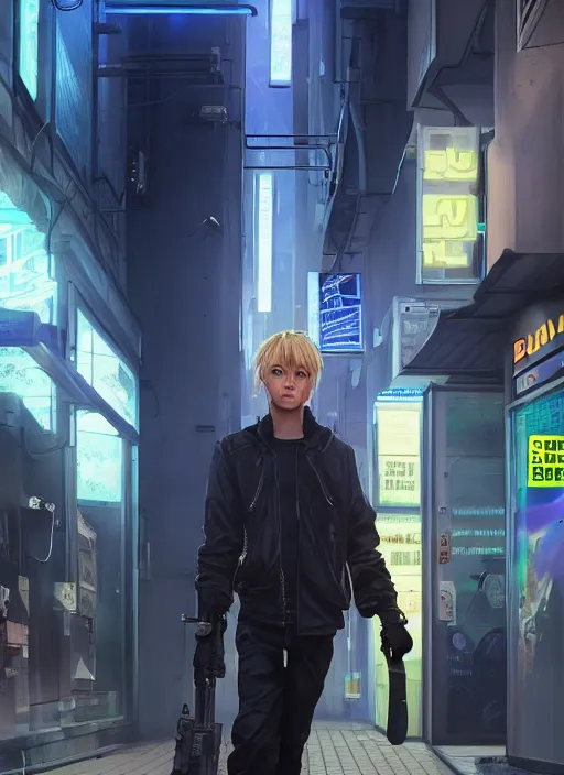 Prompt: cyberpunk beautiful blonde teenage boy assassin standing in front of a convenience store, futuristic beautiful, detailed portrait, cell shaded, 4 k, concept art, by wlop, ilya kuvshinov, artgerm, krenz cushart, greg rutkowski, pixiv. cinematic dramatic atmosphere, sharp focus, volumetric lighting, cinematic lighting, studio quality