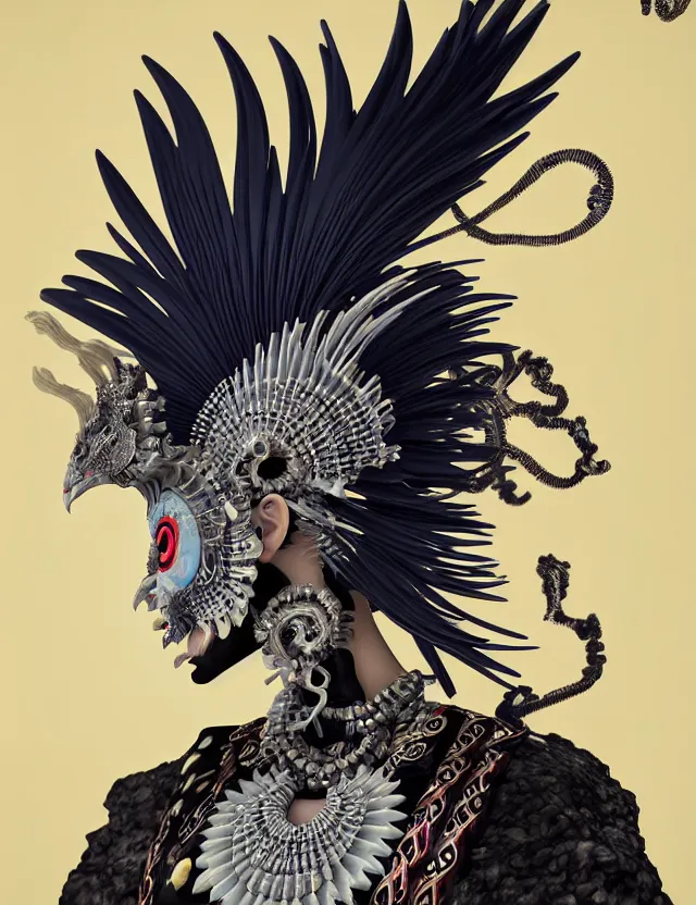 Image similar to 3 d goddess close - up profile portrait punk with mohawk with ram skull. beautiful intricately detailed japanese crow kitsune mask and clasical japanese kimono. betta fish, jellyfish phoenix, bio luminescent, plasma, ice, water, wind, creature, artwork by tooth wu and wlop and beeple and greg rutkowski