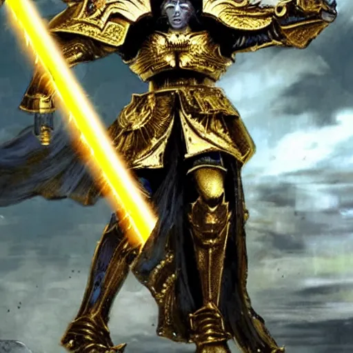 Prompt: The emperor of mankind in golden armor, with long black hair, holds a plasma sword. On the background of the battle on the planet. Futuristic style, super detail.