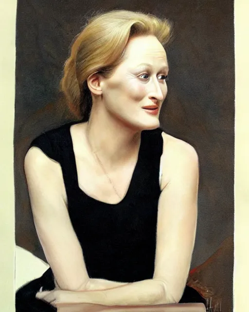 Prompt: portrait of a young meryl streep by normal rockwell