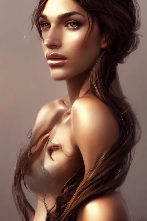 Image similar to Portrait of a Beautiful supermodel with a beautiful bone structure, long hair, olive skin, brown eyes, elegant, digital painting, highly detailed, artstation, concept art, smooth, sharp focus, illustration, art by artgerm and greg rutkowski.