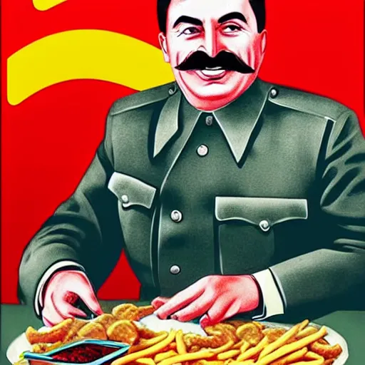 Image similar to joseph stalin enjoying a happy meal at mcdonald's, colored, 8 k, hyperdetailed
