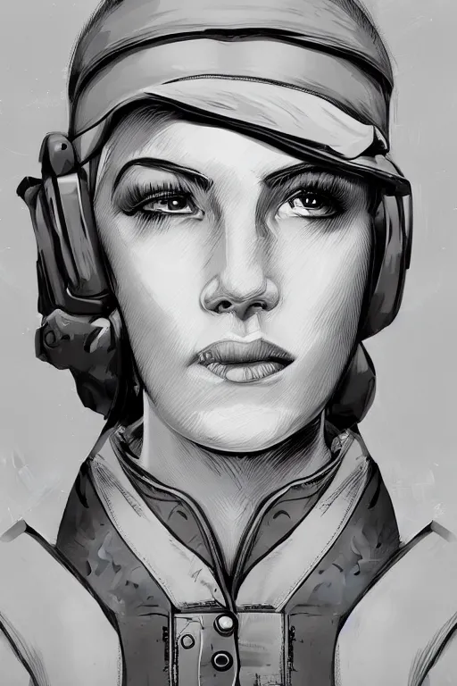 Image similar to portrait of a military engineer woman with short white hair, wearing overalls, medium shot, portrait, concept art, vector line art, natural lighting, somber, solemn, serious, illustration, highly detailed, artstation,