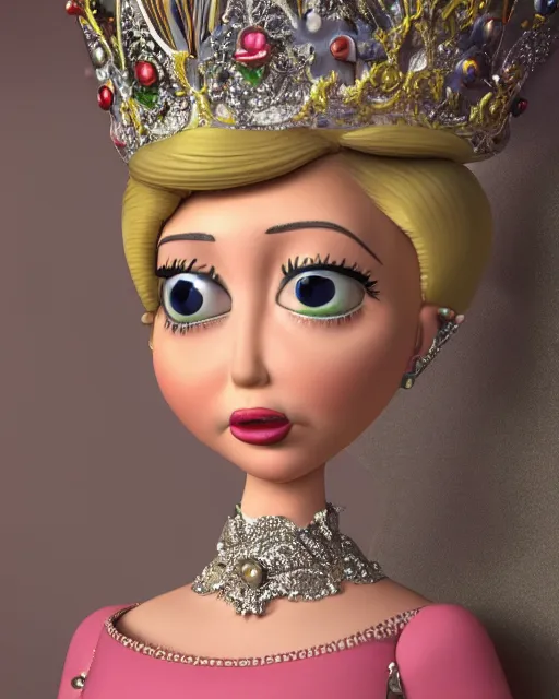Image similar to highly detailed closeup, face profile portrait of a tin toy ivanka trump as a fairytale princess wearing a crown and eating cakes, bikini, depth of field, nicoletta ceccoli, mark ryden, lostfish, dan decarlo, bob clampett, max fleischer, breathtaking, detailed and intricate environment, 8 k resolution, hyperrealistic, octane render