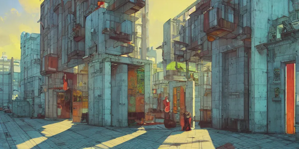Image similar to neo brutralism, concrete housing, an archway, concept art, colorful, vivid colors, sunshine, light, shadows, reflections, oilpainting, cinematic, 3D, in the style of Akihiko Yoshida and Edward Hopper