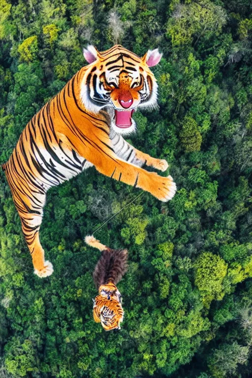 Image similar to realistic hairy tiger attached to a large open balloon parachute in the middle of the air jumping from a mountain cliff. photo captured by a drone. wide angles lens. epic