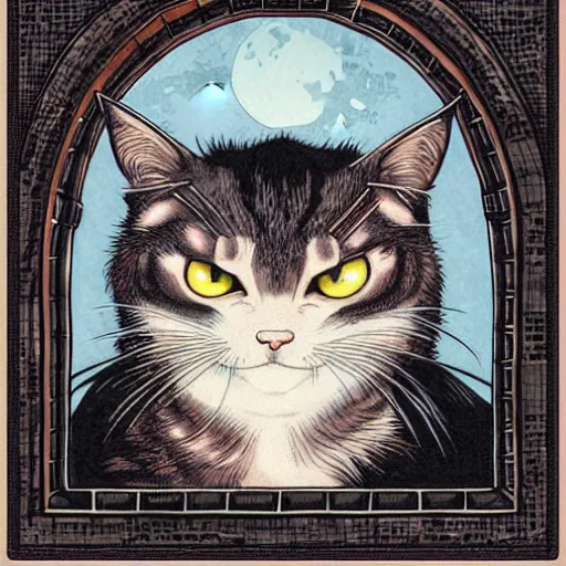 Image similar to vampire cat, inside a frame on a tiled wall, frontal picture, by yoichi hatakenaka, masamune shirow, josan gonzales and dan mumford, ayami kojima, takato yamamoto, karol bak