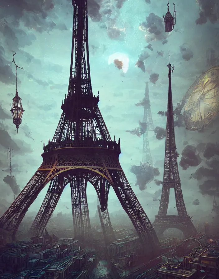 Image similar to a steampunk eiffel tower in heaven, steampunk dirty world, by wlop, greg rutkowski and beeple