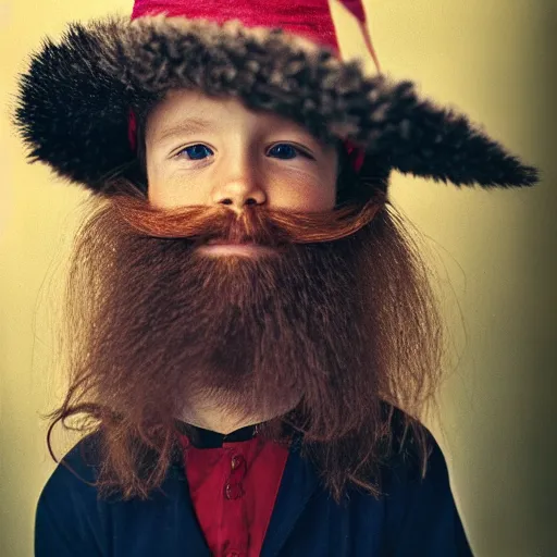 Image similar to photograph of a five year old boy wizard, beard, wizard hat by annie leibovitz, long hair