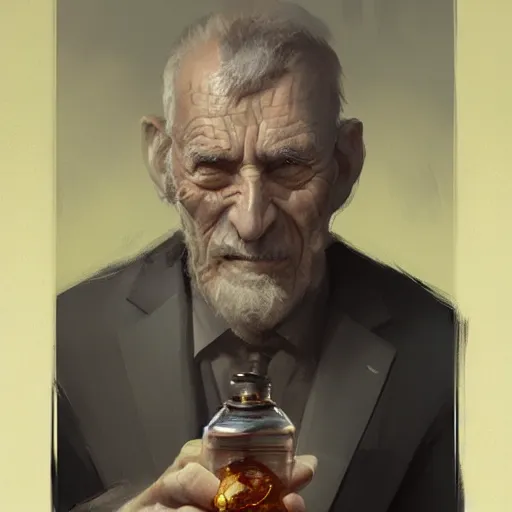 Prompt: old man portrait, hand grenade in his teeth, greg rutkowski art