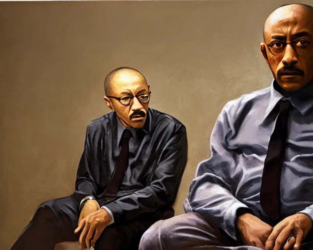 Image similar to jonathan banks as mike ehrmantraut and giancarlo esposito as gustavo fring from breaking bad, cinematic lighting, oil painting portrait