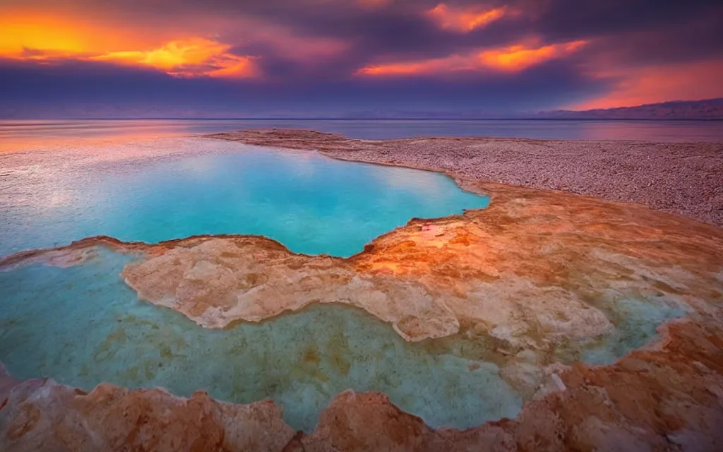 Prompt: the dead sea, beautiful sunset with colorful clouds, low angle, professional photo