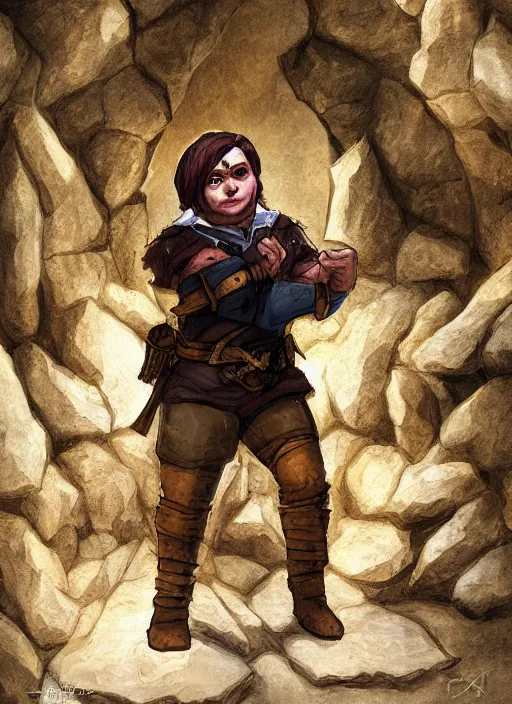 Image similar to A fantasy comic book roleplaying game style portrait painting of a halfling rogue sneaking in a cavern, DAZ, hyperrealistic, ambient light, dynamic light