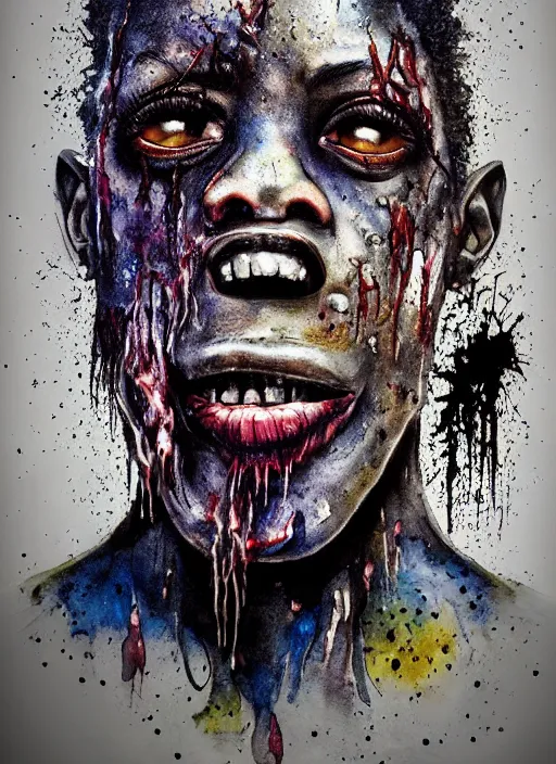 Image similar to african american zombie hollywood artwork professional acting headshot, hyperrealism, intricate detail, studio lighting, charming expression gesicht, hauntingly beautiful zombie, watercolor art, epic, legendary, drawn and painted, colored layers, dulled contrast, exquisite fine art, splatterpaint