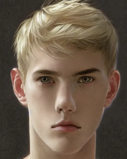 Image similar to portrait of 1 5 - year - old boy, a tall, slender boy with a pale, pointed face, sleek blond hair, and ice grey eyes, wearing black clothes, hyper realistic face, beautiful eyes, close up, fantasy art, in the style of greg rutkowski, intricate, alphonse mucha, hyper detailed, smooth