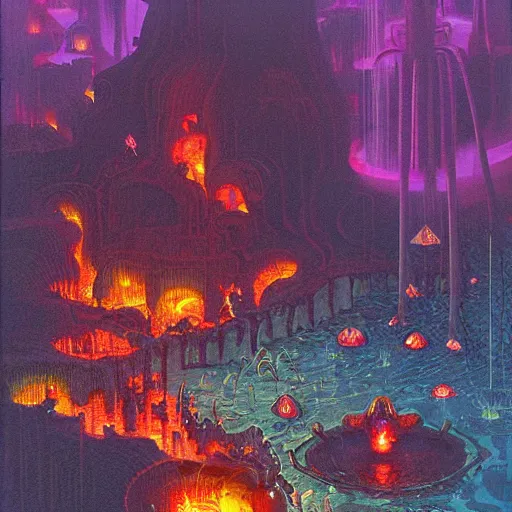 Image similar to a large water park in hell by paul lehr and moebius