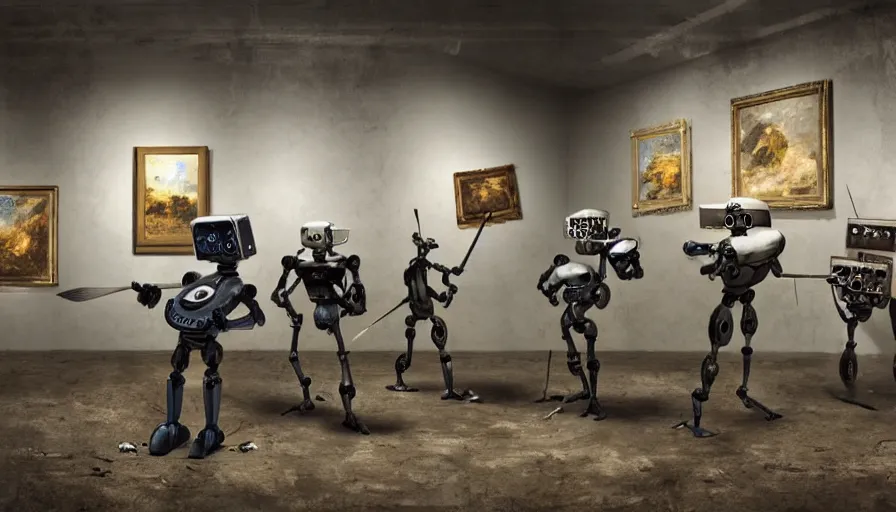 Image similar to robots in an abandoned decrepit art gallery, robots stand in front of landscape paintings, robots holding paintbrushes and easels, landscape paintings on canvas with robots, 4 k, dramatic lighting, cinematic lighting, robot painter