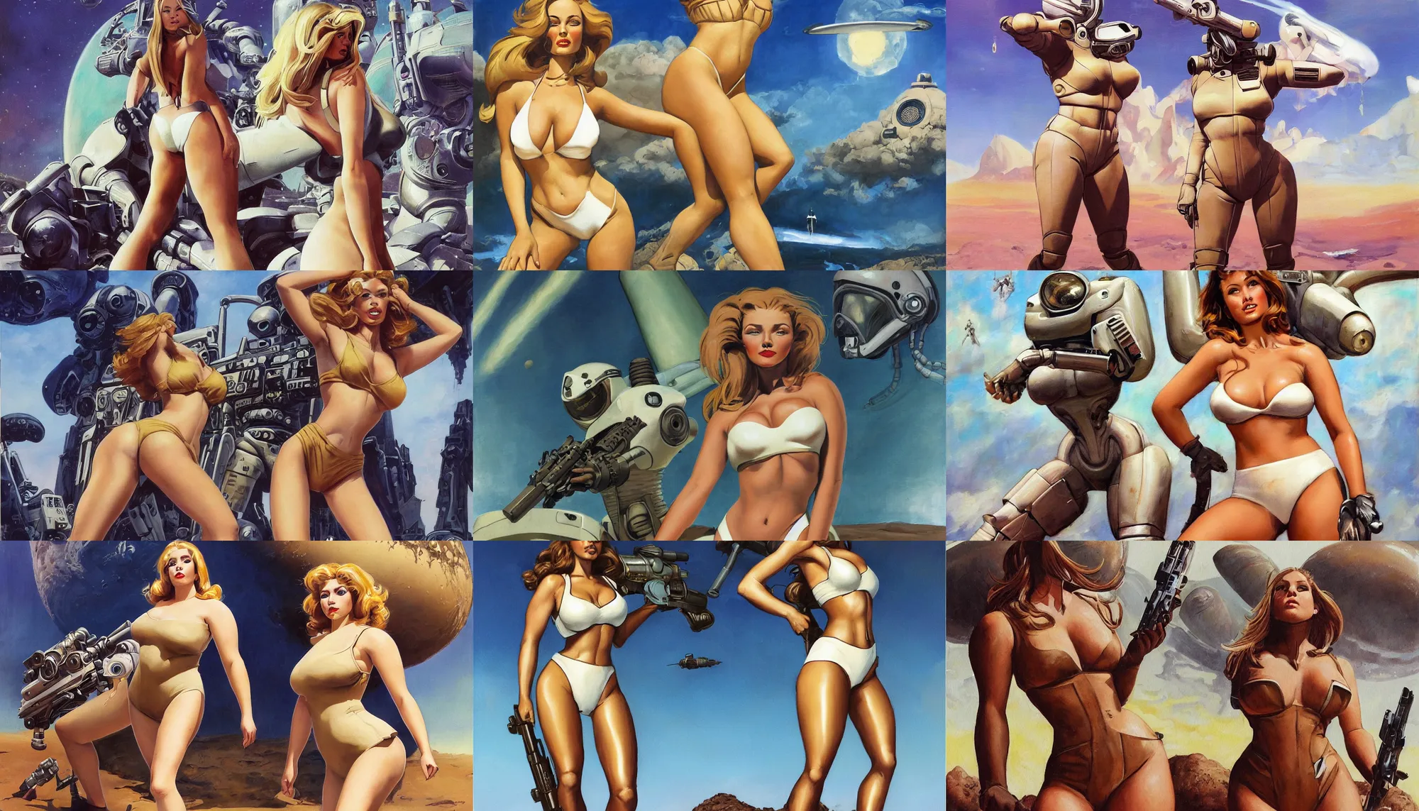 Prompt: A mixed media portrait painting of a very beautiful light-brown-haired woman on an alien planet, very curvy, aesthetic! high-waisted, hips, white-bikini and boots, starship-troopers-rifle, bombshell, aesthetic symmetrical face and eyes, model, wet, pacific-rim-mech in background, by Frank Frazetta, Boris Vallejo, Beeple, Greg Rutkowski, Christian MacNevin, eighties pinup style, goddess, epic fantasy character art, high fantasy, CGsociety, exquisite detail, post-processing, masterpiece, cinematic