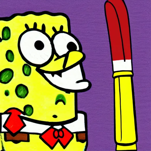 Prompt: sketchy crayon drawing of spongebob squarepants holding a kitchen knife