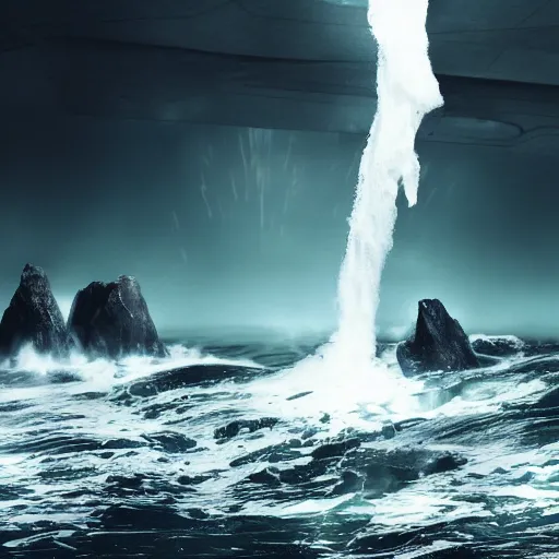 Image similar to photograph with stylish lens effect, stylistic lighting, 1 9 8 0's sci - fi style, extremely epic, hyppereality, weta digital, octane render, a giant towering man in black evil pope robes floating above crashing dramatic ocean waves with sea foam and sea spray along a rocky coast, cinema 4 d, volumetric lighting