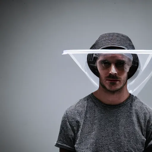 Image similar to photo of a man wearing a transparent bucket on his head