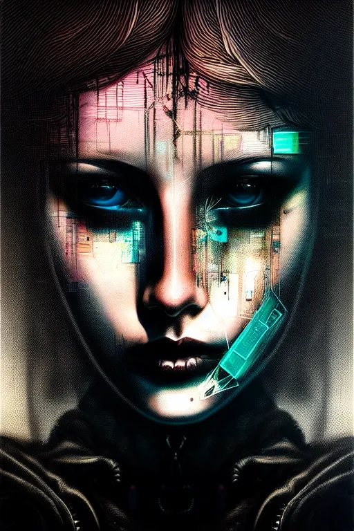 Prompt: dreamy cyberpunk girl, abstract black leather, digital nodes, beautiful woman, detailed acrylic, grunge, intricate complexity, by dan mumford and by lee jeffries, peter lindbergh