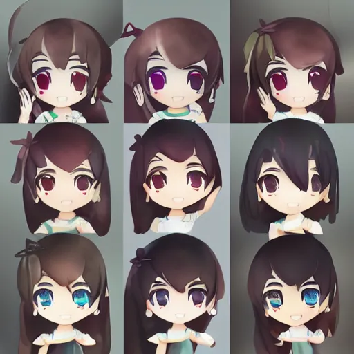 Image similar to beautiful water color concept art of face detailing cute nendoroid girl in the style of japanese animation , toon rendering, close-up, flat, lacking in three-dimensionality