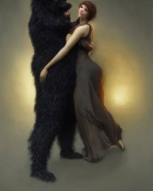 Prompt: a portrait of black furry shadow monster who is carrying a beautiful girl in his arms, background of deep shadows, illustration, dramatic lighting, soft details, painting oil on canvas, art nouveau, octane render, HDR, 4k, 8k, HD, by Edmund Blair Leighton, Brom, Charlie Bowater, trending on artstation, Tom Bagshaw, faces by otto Schmidt